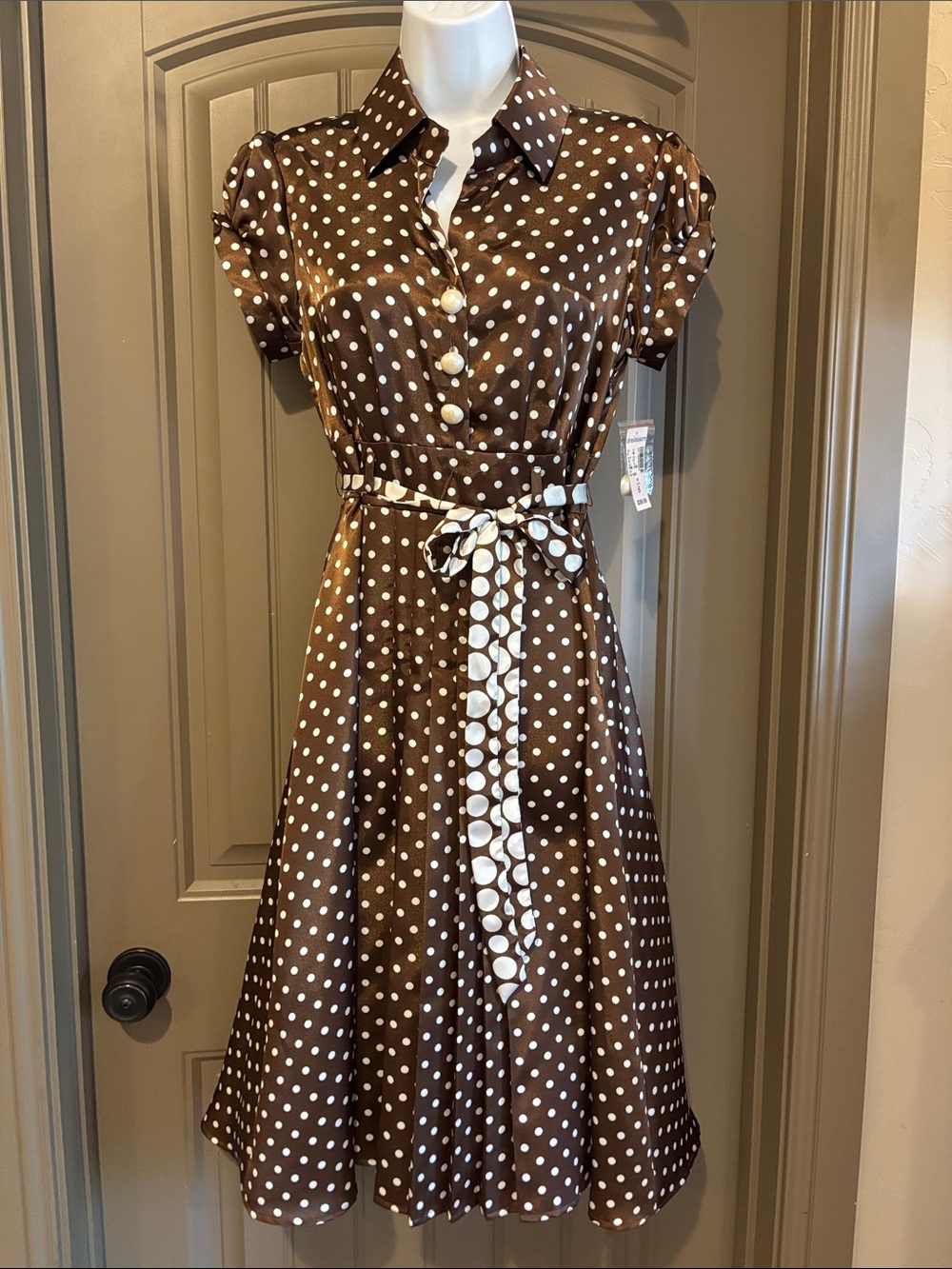 Dress Barn Brown and White Polka Dot Midi Shirt Dress